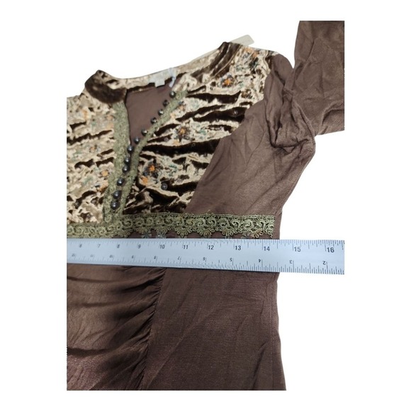 NEW Lucy Paris Brown Velvet Embroidered Sequin Boho Ruched Long Sleeve Top Large - Picture 4 of 12